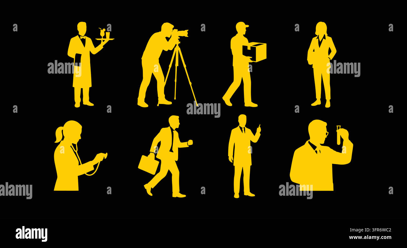 Gelbe Silhouetten-Icons, die verschiedene Berufe und Geschäfte darstellen Stock Vektor
