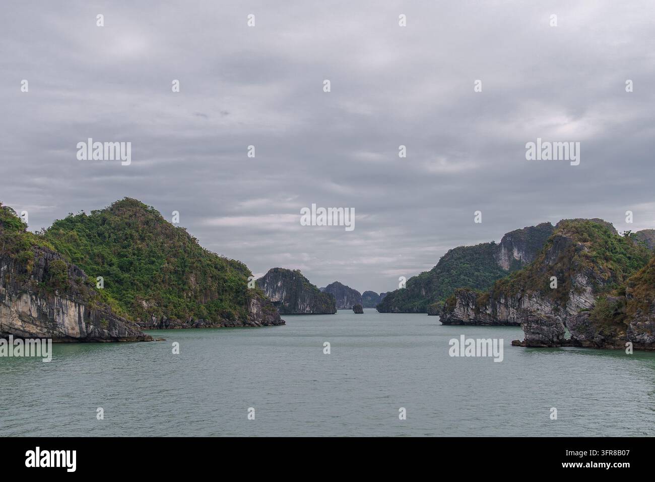 Ansicht einer hochperspektivischen Landschaft der Halong-Bucht, Insel, Vietnam. Schöne Kalksteininsel Stockfoto