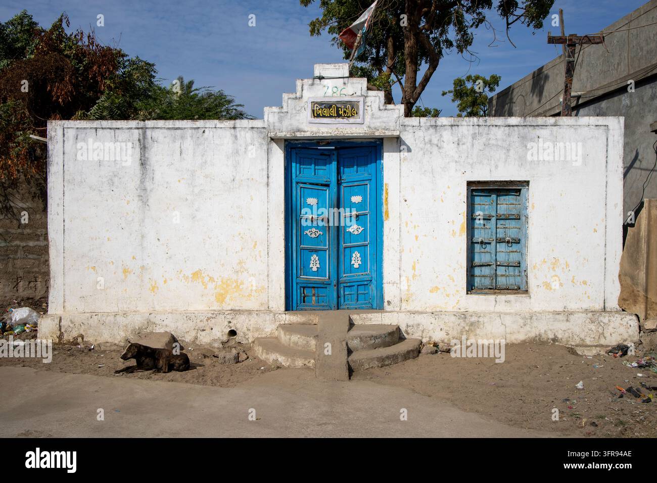 Ein streunender Hund ruht vor einem weiß getünchten Haus mit einer verwitterten blauen Holztür und einem Schild darüber, Gujarat, Mandvi, Indien Stockfoto