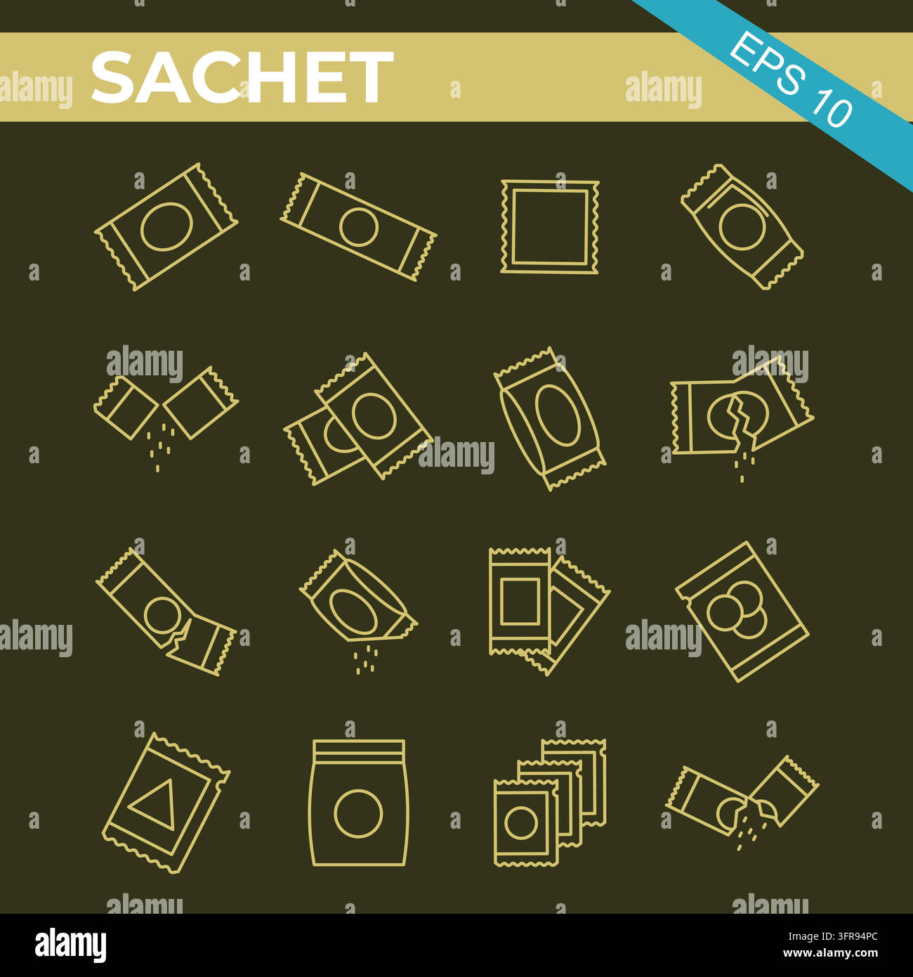 Verschiedene Beutel- und Lebensmittelverpackungslinien-Icons auf dunklem grünen Hintergrund Stock Vektor