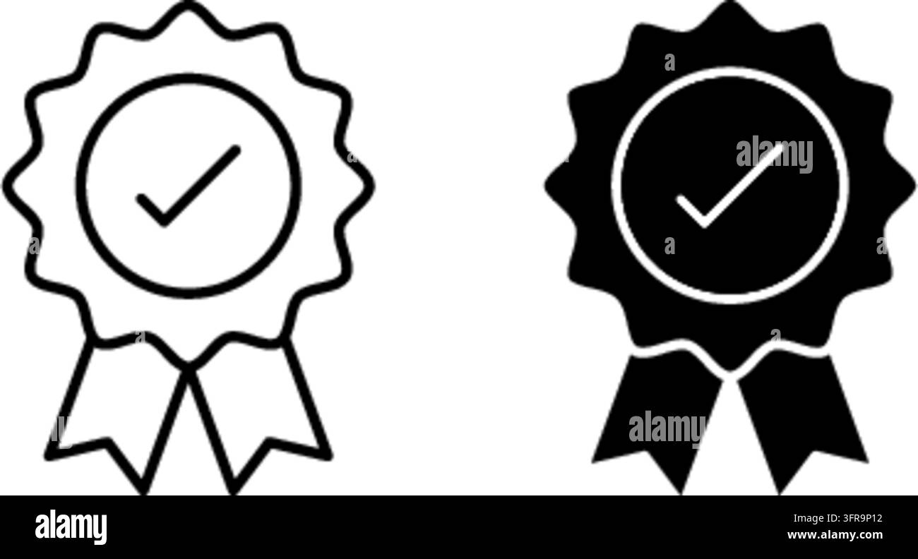 Schwarze Umrisse und solide Vektor-Icons, die ein zertifiziertes Auszeichnungsschild mit Bändern und einem Häkchen-Symbol darstellen, isoliert auf einem sauberen weißen Hintergrund. Stock Vektor