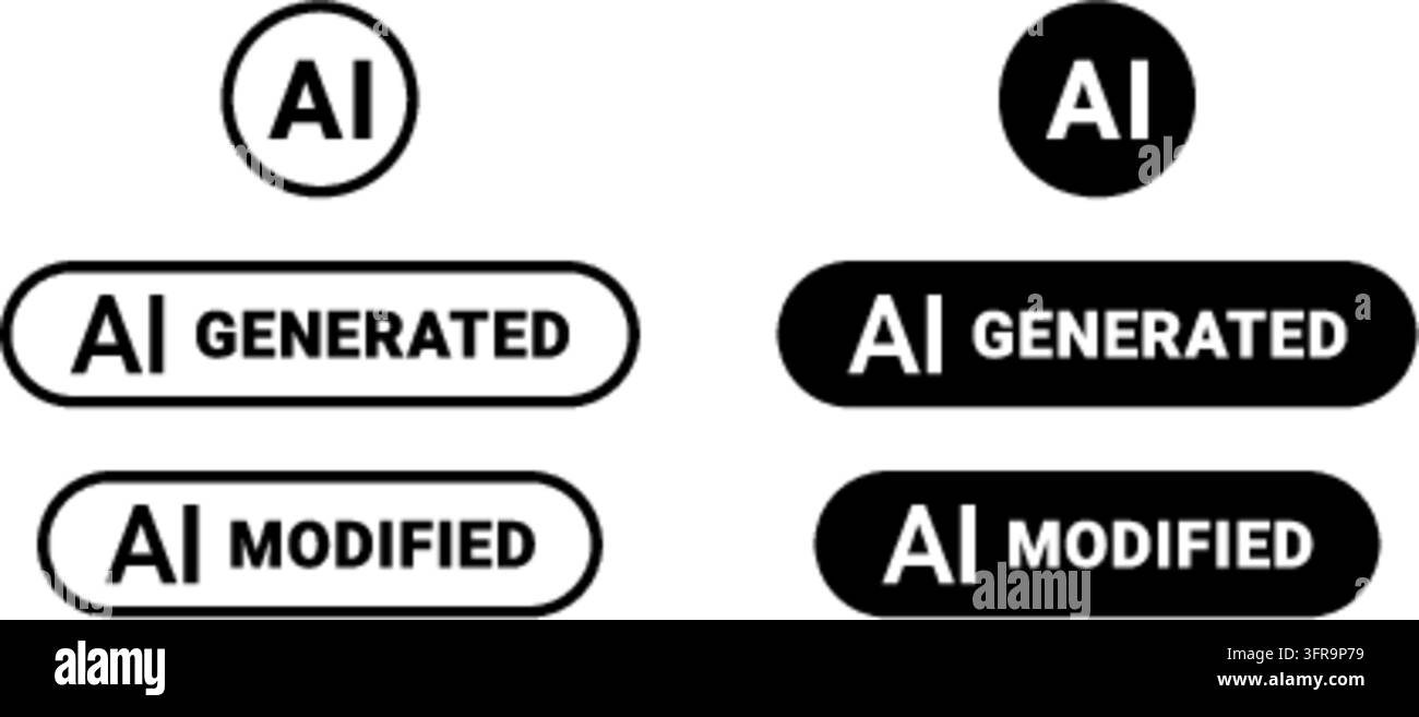 Satz von Vektor-Icons und Badges mit KI, KI-generiertem und KI-modifiziertem Text in abgerundeten rechteckigen und kreisförmigen Formen, präsentiert in Kontrastfarben Stock Vektor
