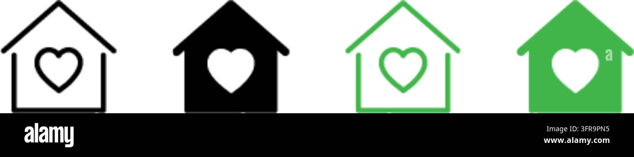Vier minimalistische Haus- und Gesundheits-Herz-Vektor-Icons mit Umriss- und Vollstil in Schwarz und Grün, isoliert auf einem sauberen weißen Hintergrund Stock Vektor