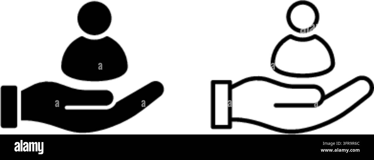 Zwei minimalistische Benutzer-in-Hand-Ikonen, dargestellt in solidem Schwarz und dünnem Umriss-Vektorstil, die Kundenservice-, HR- und Unterstützungs Konzepte repräsentieren. Stock Vektor