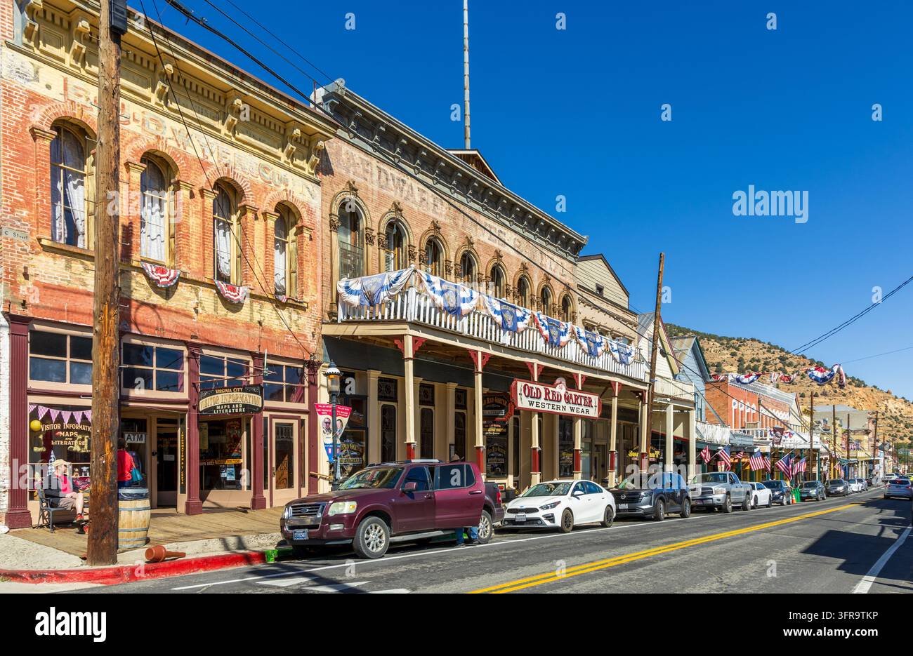 Virginia City, Nevada - 14. September 2026: Die C Street in Virginia City, Nevada, berühmt für ihre gut erhaltene Architektur aus dem 19. Jahrhundert Stockfoto