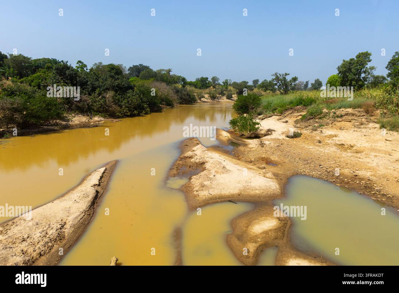Muddy-Fluss schlängelt sich an Sandbänken und Bäumen unter einem klaren Himmel vorbei, Koutammakou, Tamberma, Togo Stockfoto