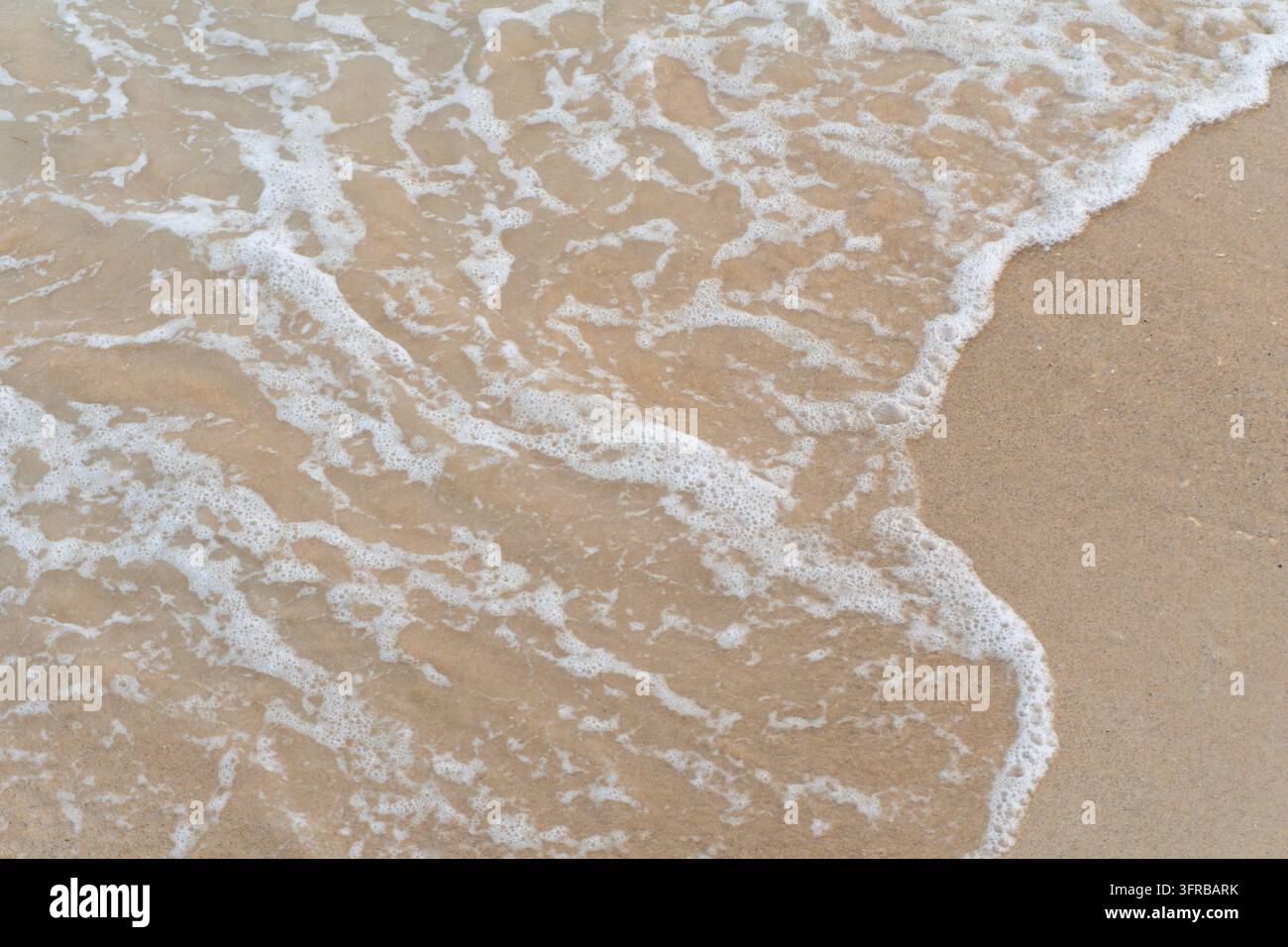 Oberblick auf weißen Seeschäum von einer kleinen Welle, die über einen nassen Sandstrand schwappt, mit leerem Sand für Kopierraum Stockfoto