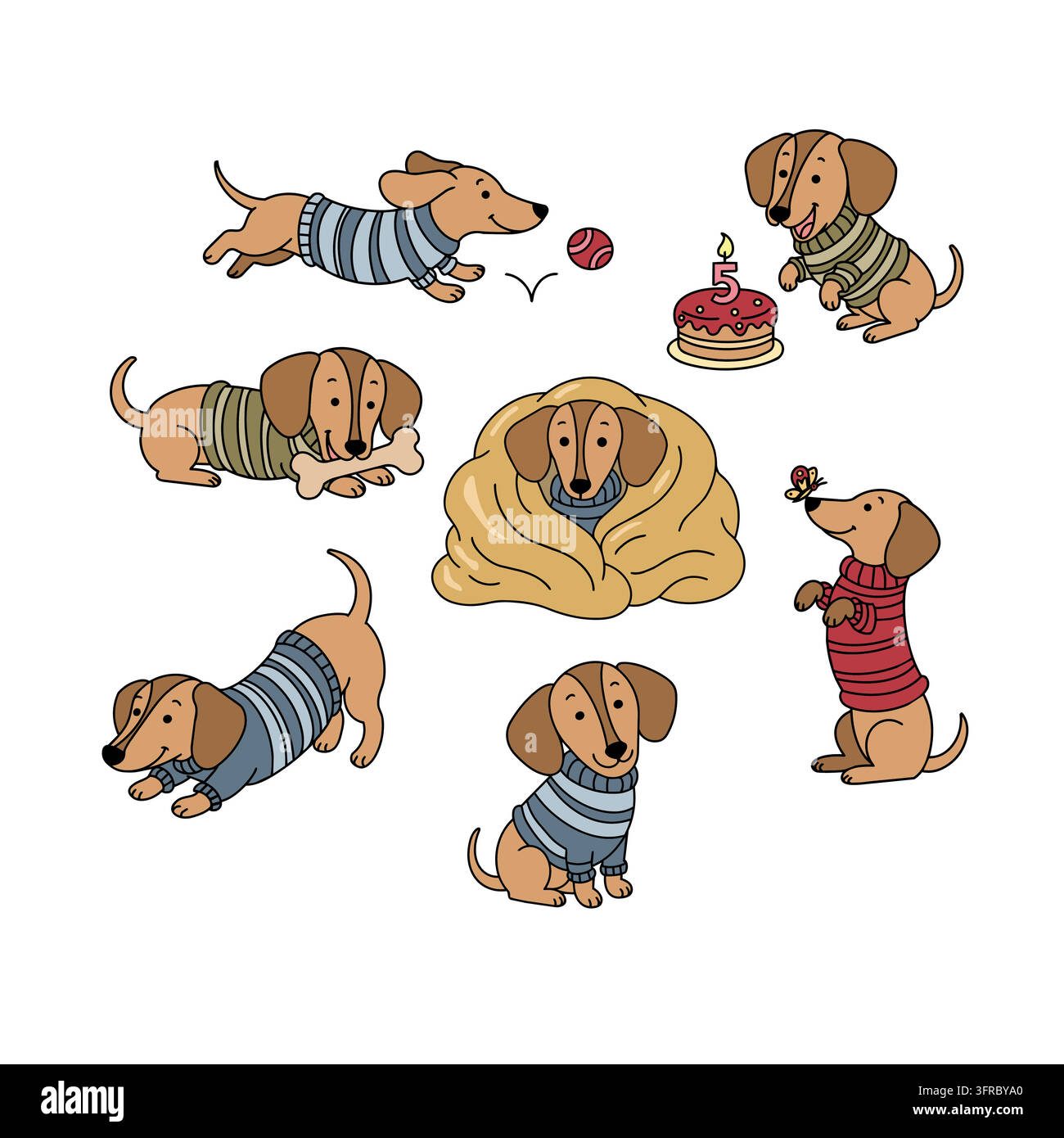 Niedliches Dackel-Hundewelpen-Cartoon-Tiercharakter-Vektorset. Gemütliches Herbst-Hygge-glückliches verspieltes Freundschafts-Lebensstil-Konzept. Kinderkrippen-Glückwunschkarte Stock Vektor