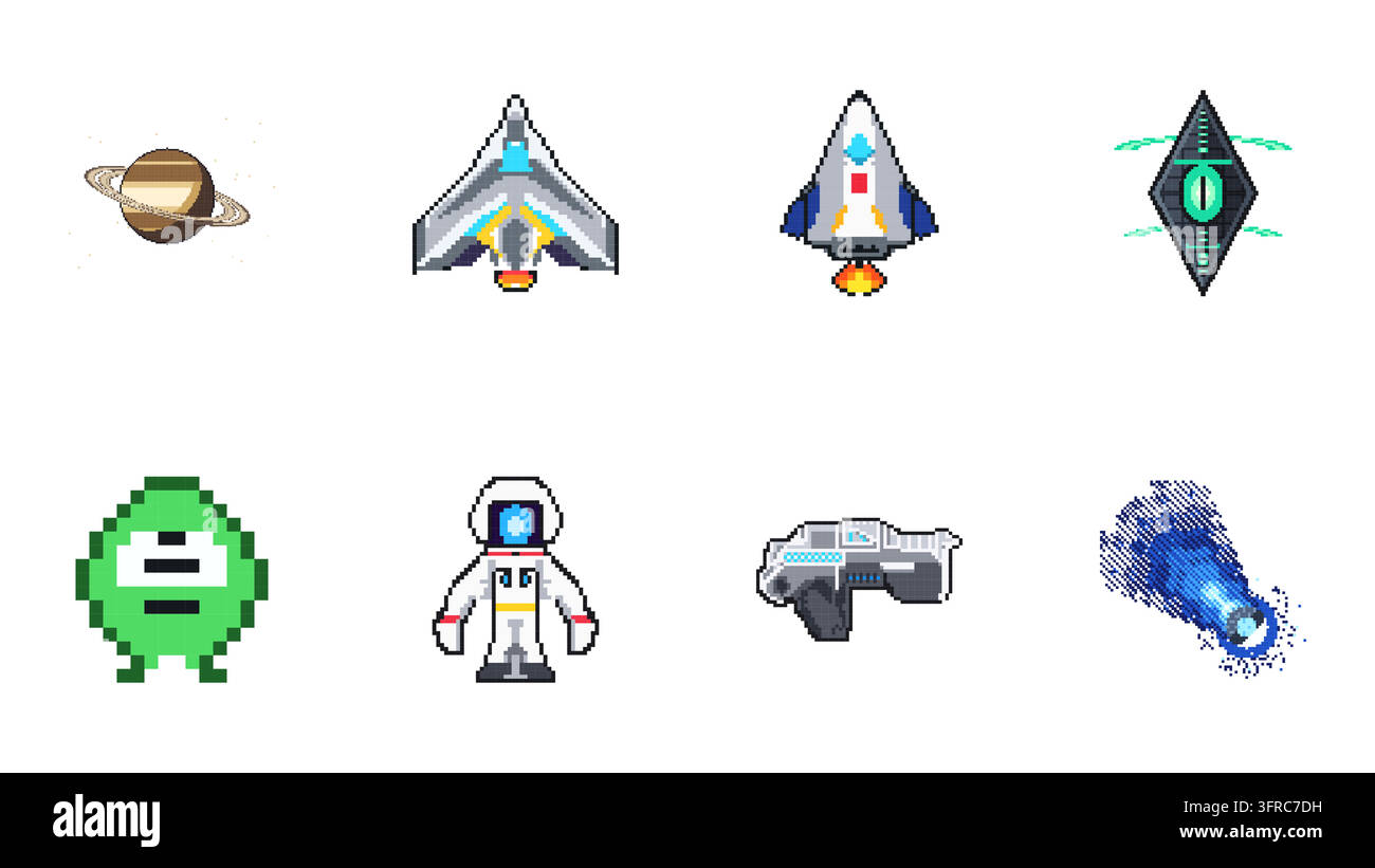 Pixel-Art-Vektorset mit einem Raumschiff, einer Rakete, einem Kosmodrom, einem Alien, dem Mars, dem Mond, einem Roboterkopf und der Erde. Stock Vektor