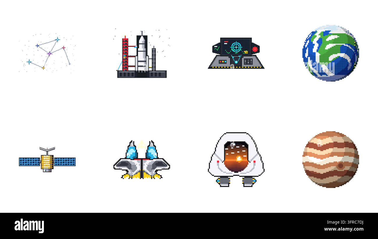 Universelles Weltraum-Elemente-Set: Rakete, Kosmodrom, Astronaut, Blaster, Komet, Sternbild, Armaturenbrett und Satellit, detaillierte Pixel-Art-Vektoren für s Stock Vektor