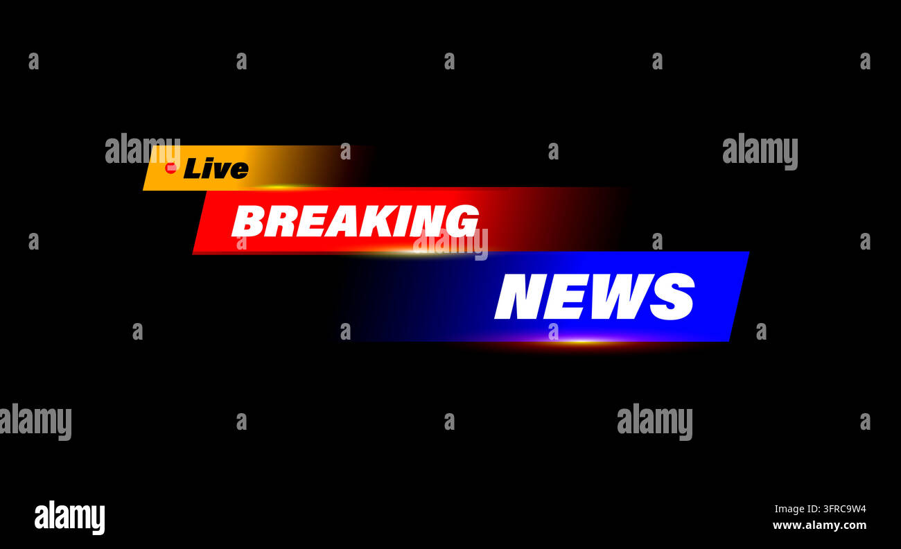 Eilmeldungs-Vektor-Lower-Third-Banner mit leuchtenden gelben, roten und blauen Gradienten, fetten kursiven Schlagzeilen und Live-Broadcast-Styling. Stock Vektor