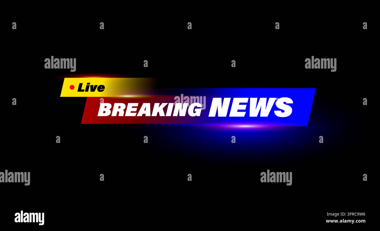 Eilmeldungs-Vektor-Lower-Third-Banner mit leuchtenden gelben, roten und blauen Gradienten, fetten kursiven Schlagzeilen und Live-Broadcast-Styling. Stock Vektor