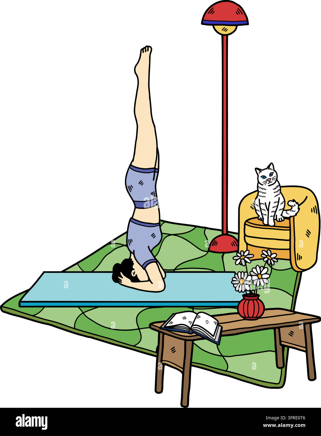 Eine Frau macht Yoga im Wohnzimmer mit ihrer Katze an ihrem freien Tag Stock Vektor