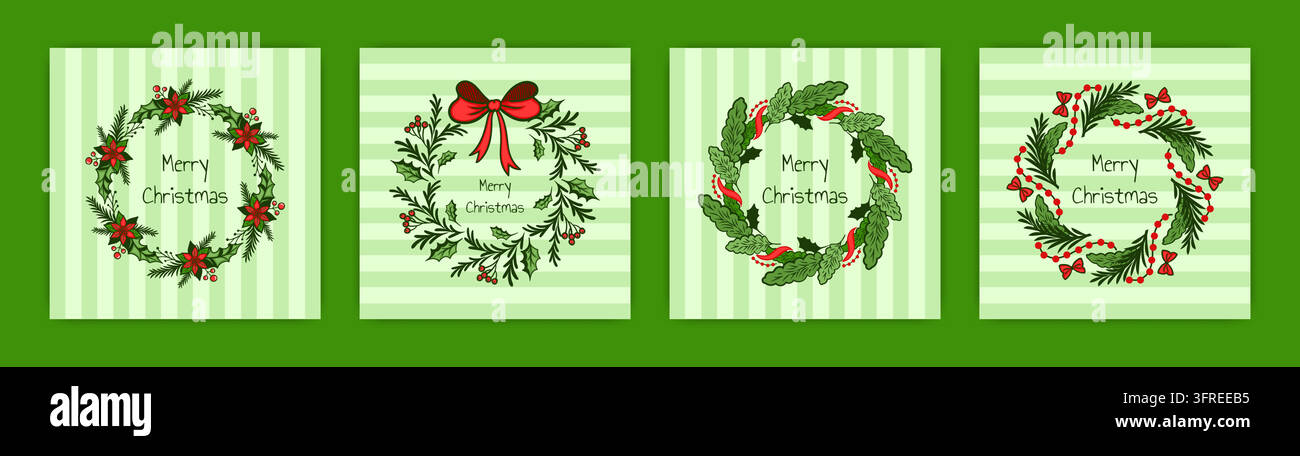 Set von Weihnachtskranz-Karten. Handgezeichnete Feiertagsgrüß-Vorlagen mit immergrünen Zweigen, Beeren und Schleifen auf gestreiftem Hintergrund, festlicher dekorativer Rahmen. Vektor-Cartoon-flache isolierte Illustration Stock Vektor
