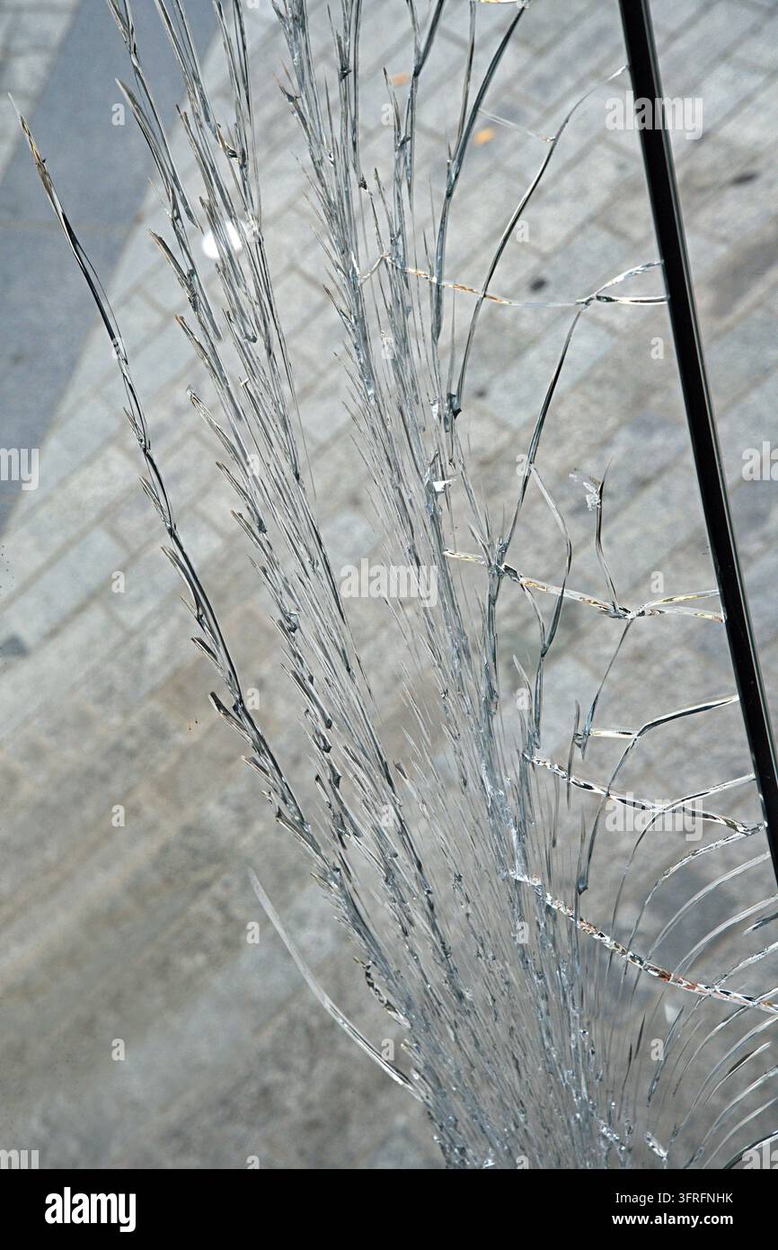 Eine rissige Glasoberfläche (z.B. eine Fensterscheibe, eine Glastür oder ein Bildschirm, der mit einem Netz aus Rissen bedeckt ist). Hochwertiges Foto Stockfoto
