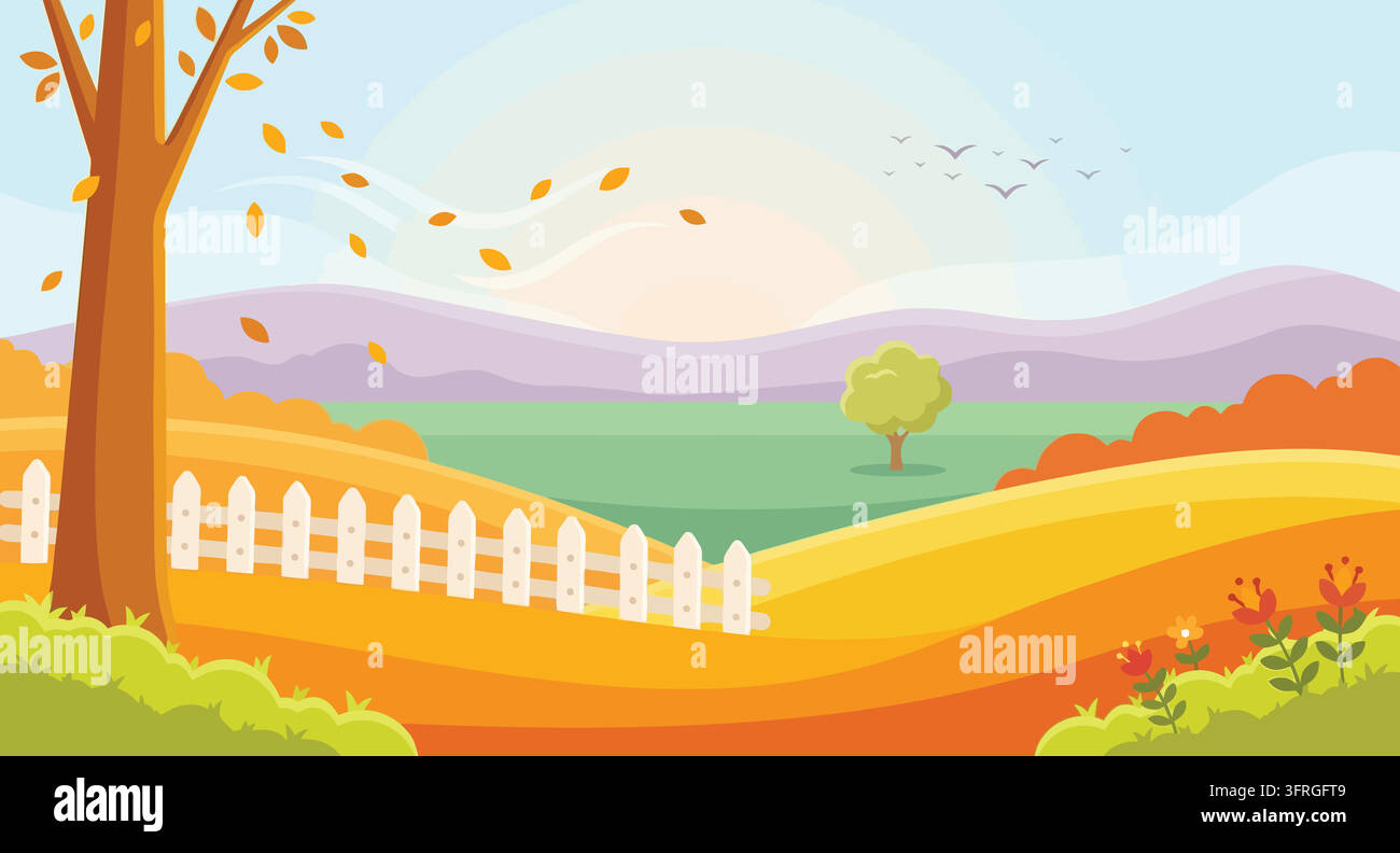Herbstlandschaft mit fallenden Blättern und einem weißen Lattenzaun Stock Vektor