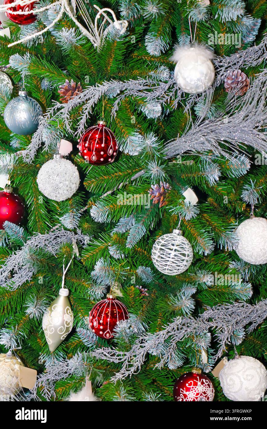 Glänzende bunte Weihnachtsschmuckstücke, die an einem immergrünen Baum in einem festlich geschmückten Wohninterieur hängen Stockfoto