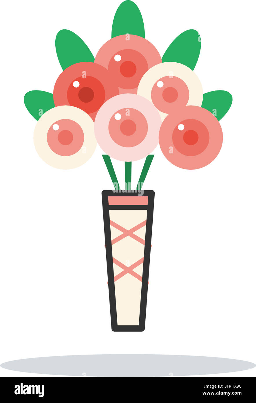 Üppiger Brautstrauß aus rosa, roten und cremefarbenen Rosen mit mit Band umwickelten Stielen. Flache Vektorillustration, isoliert auf weißem Hintergrund. Stock Vektor