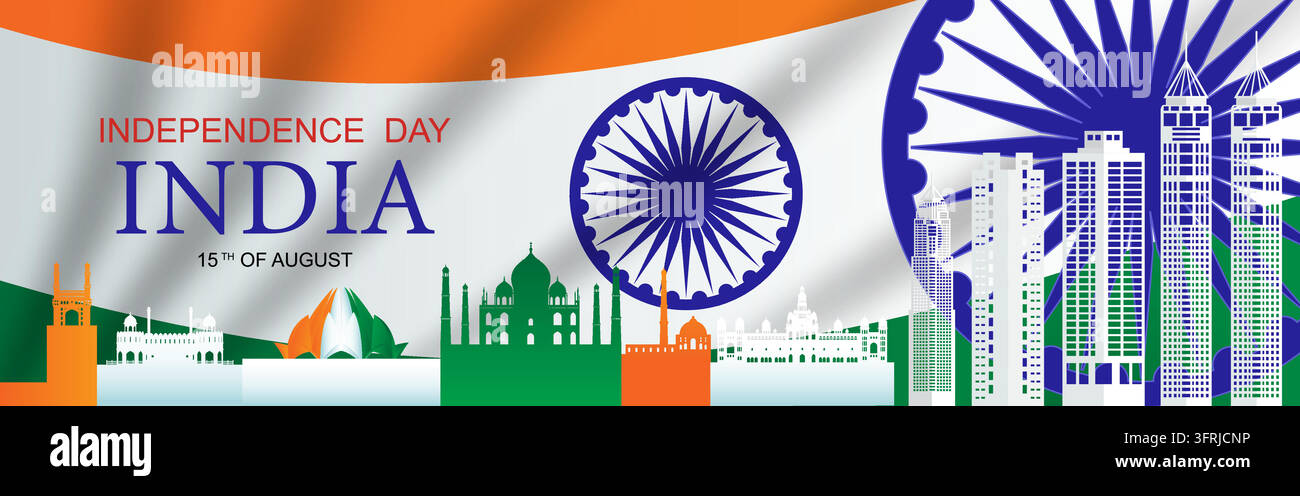 Jubiläum und Feier Glücklicher Unabhängigkeitstag Indiens vor dem Hintergrund der Nationalflagge. Reiseziele Architektur Indiens. Touristische Wahrzeichen Indien Stock Vektor