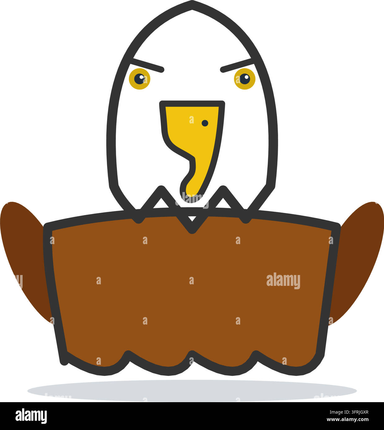 Kopf eines Weißkopfseeadlers mit weißen Federn, gebogenem gelbem Schnabel und wilden Augen über einem braunen Körper, flache Vektorillustration isoliert auf weißem Hintergrund. Stock Vektor