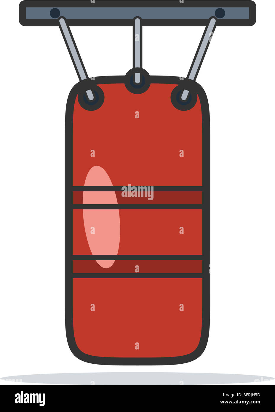 Flache Vektorillustration eines roten Boxsacks, der an einem Stahlhalter mit Riemen hängt, mit Nahtbändern um seinen Körper, isoliert auf weißem Hintergrund. Stock Vektor