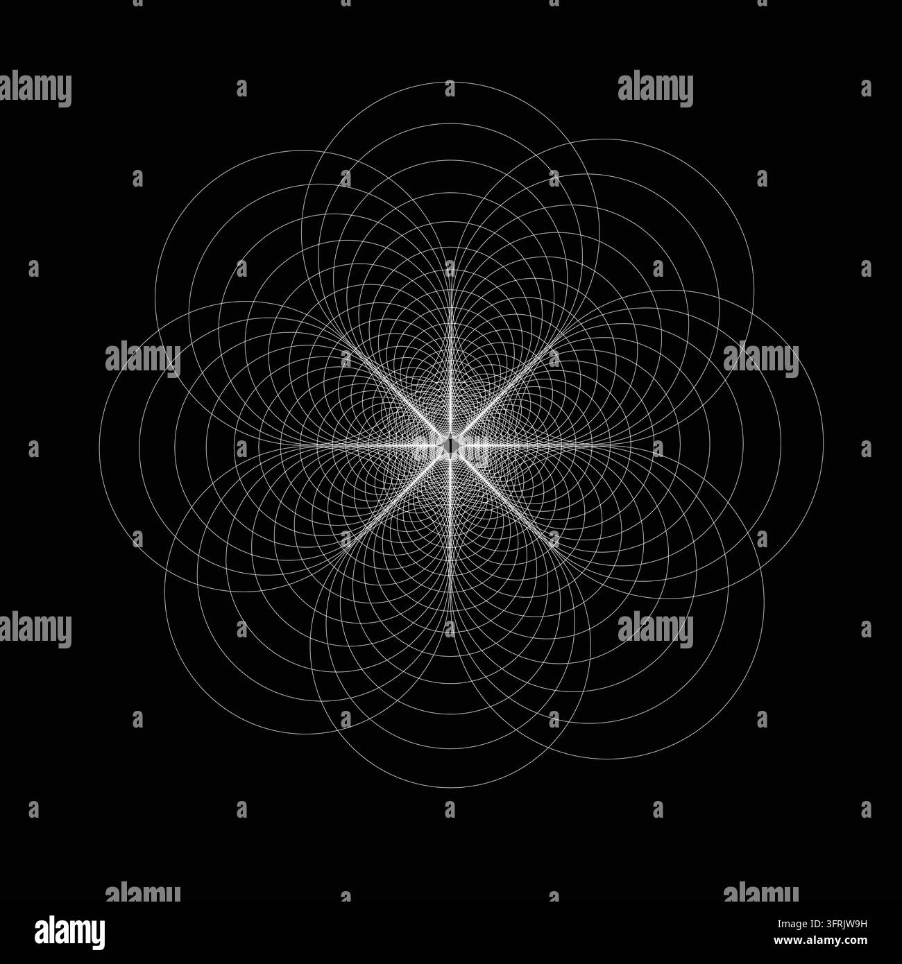 Zarte weiße konzentrische Kreise überlappen sich in einer symmetrischen geometrischen Anordnung und bilden kunstvolle radiale Muster und einen leuchtenden zentralen Fokus Stock Vektor