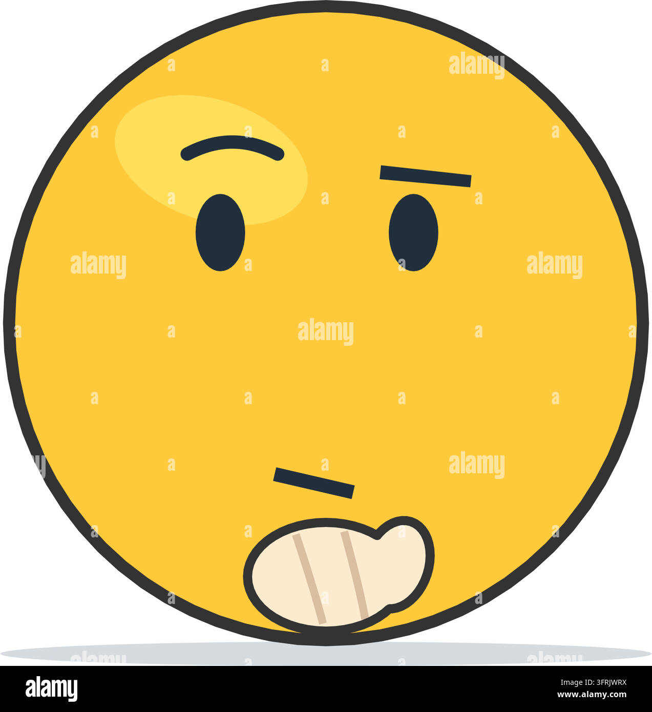 Denkendes Emoji-Gesicht mit hochgezogener Augenbraue und einer Hand, die auf dem Kinn ruht, flache Vektorillustration isoliert auf weißem Hintergrund. Stock Vektor