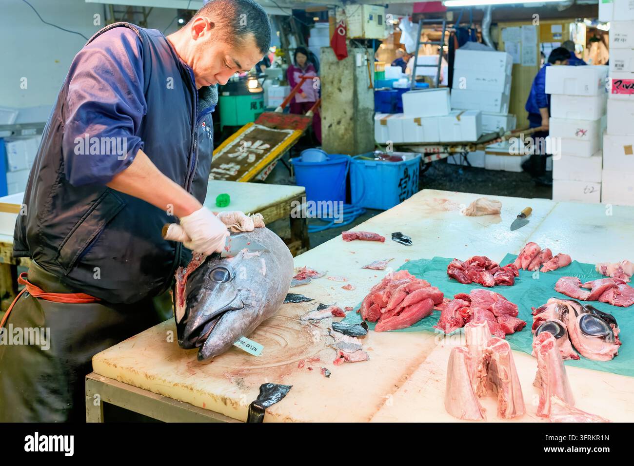 Arbeiter mit Handschuhen schneidet mit einem Messer Fleisch von einem großen Thunfisch ab, neben rohen roten Filets und Augäpfeln, im Tokioter Fischmarkt Stockfoto