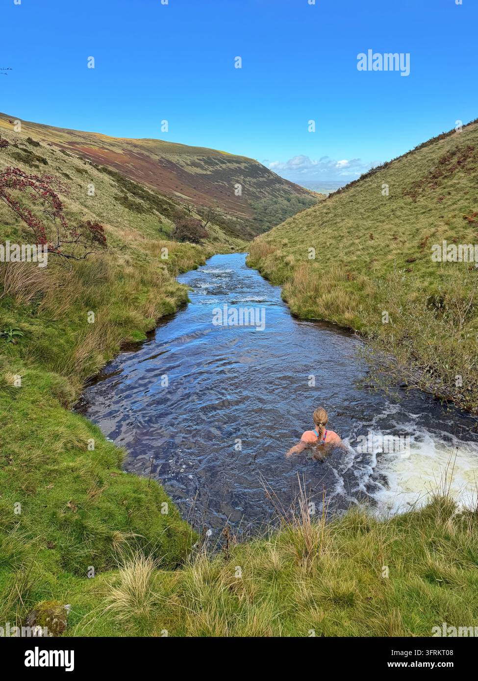 Eine junge Frau schwimmt wild in Nant Sere, Bannau Brycheiniog, Brecon Beacons, Wales, UK. Stockfoto