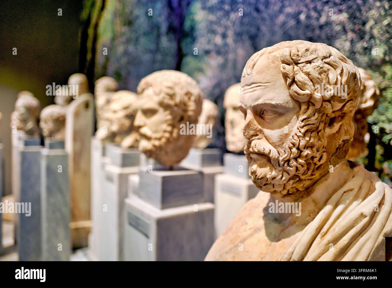 Reihe antiker bärtiger männlicher Porträtköpfe auf Steinpodesten, ausgestellt vor einer gemalten Baumkulisse in einer griechischen archäologischen Ausstellung Stockfoto