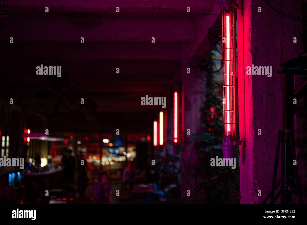 Trendiges Café-Interieur in Tbilissi, Georgien, mit rotem Neonlicht an den Wänden, das eine gemütliche Atmosphäre schafft Stockfoto