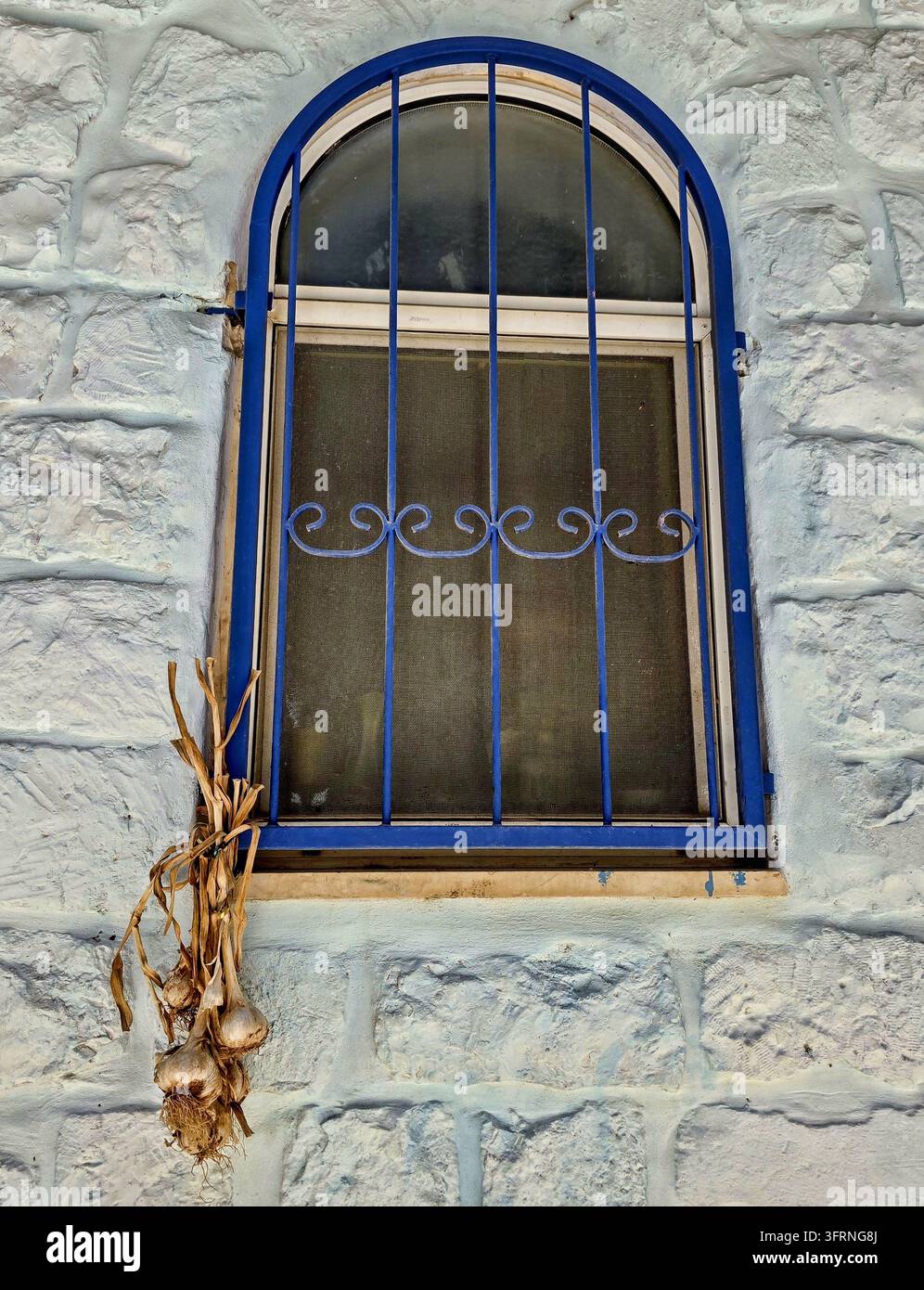 Traditionelles Gewölbefenster mit blauem schmiedeeisernem Gitter und getrocknetem Knoblauch an einer gekalkten Steinwand. - Smartphone-aufgenommenes Stockfoto