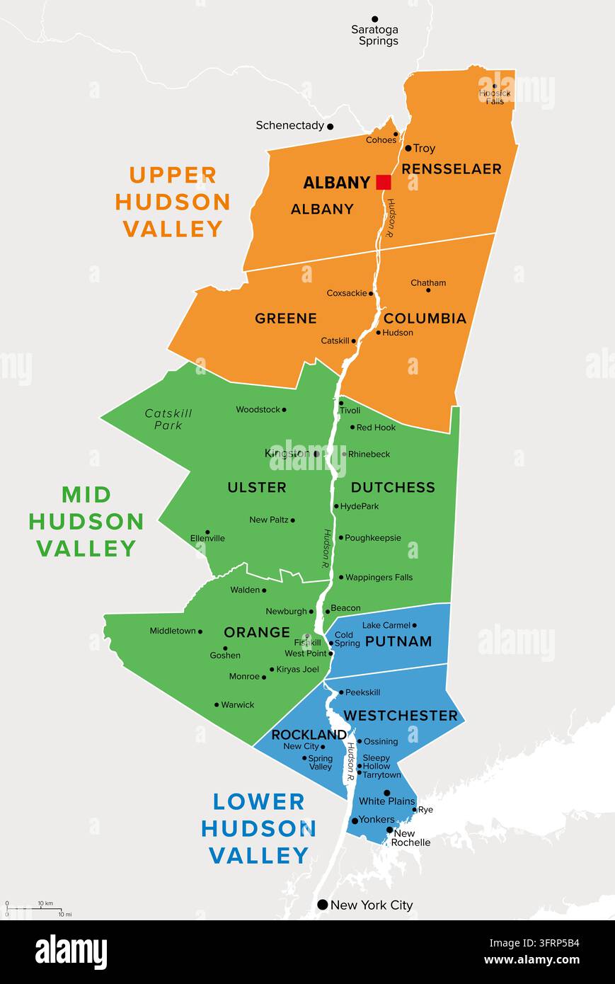 Hudson Valley, Bundesstaat New York, farbige politische Karte. Historische und malerische Region, die sich entlang des Hudson-Flusses erstreckt. Stockfoto