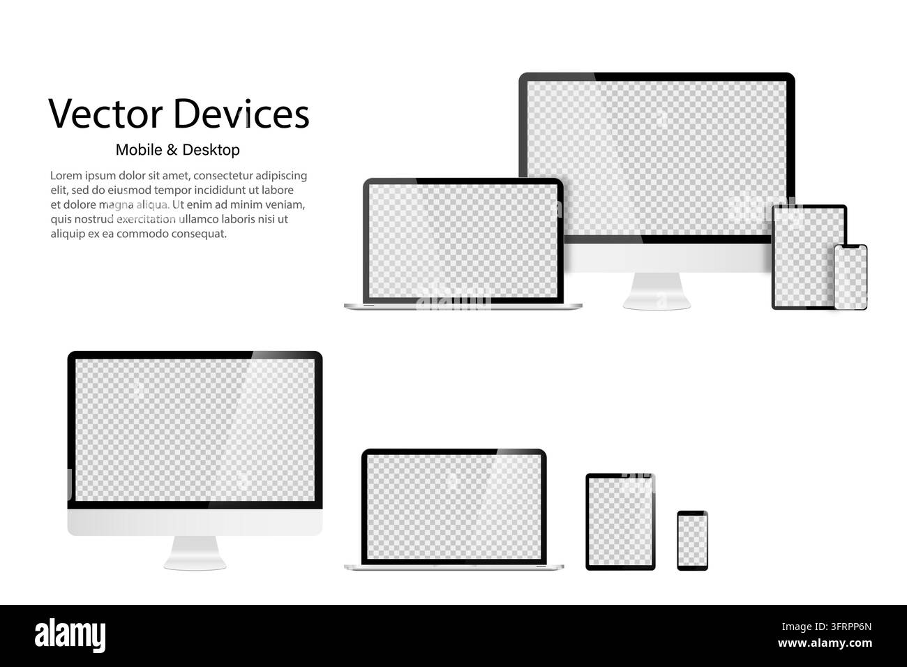 Hochdetailliertes realistisches Set von Geräten Monitor Laptop Tablet und Telefon. Transparente Mock-up-Bildschirme. Responsives Web- oder Anwendungsdesign-Template. EP Stockfoto