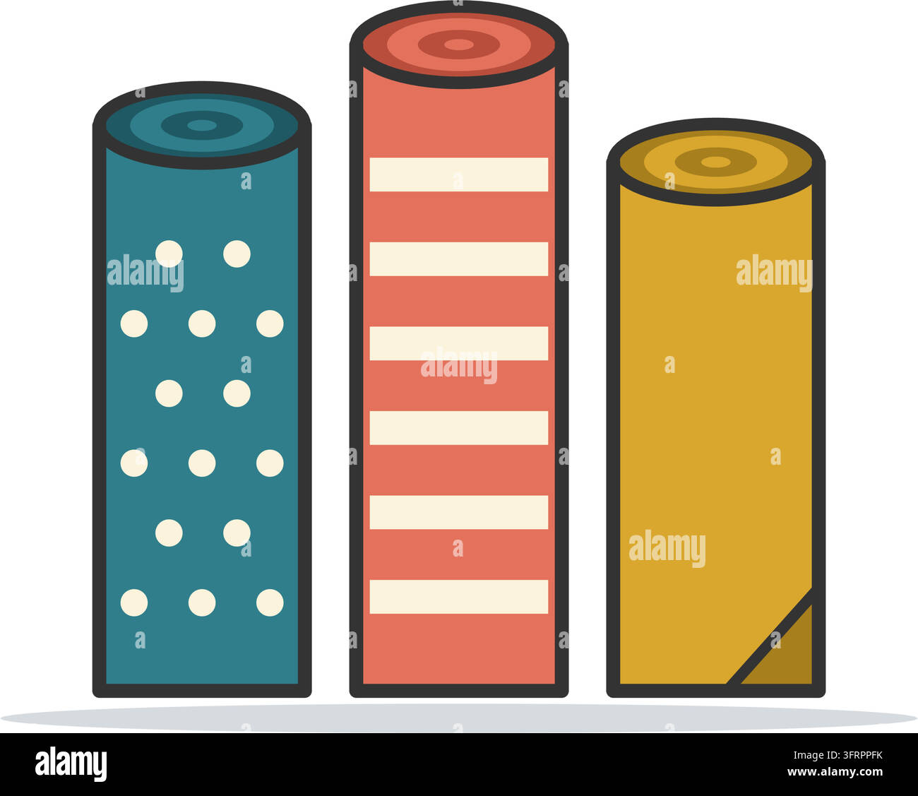 Flache Vektorillustration von drei aufrechten Stoffbahnen in teal gepunktet, korallenrot gestreift und senfgelb, isoliert auf weißem Hintergrund. Stock Vektor
