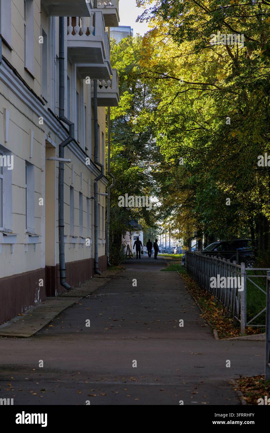 Bezaubernde Fußgängerzone neben einem eleganten Wohngebäude und üppigen grünen Bäumen in einem erstklassigen nordeuropäischen Viertel im Herbst. Stockfoto