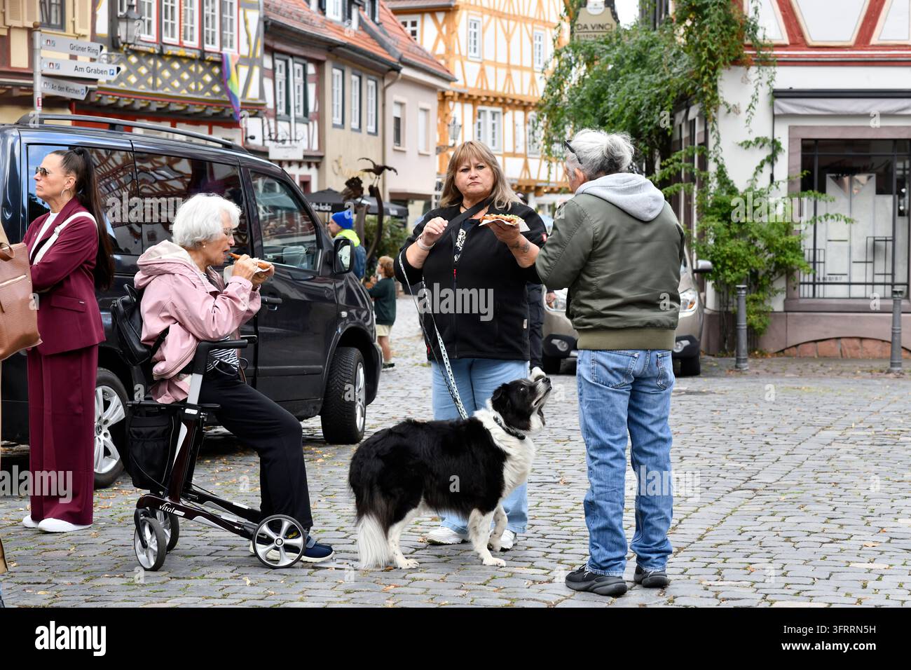 Menschen essen Street Food, während ihr Border-Collie-Hund eifrig darauf wartet, dass ein Krümel fällt. Ladenburg, Deutschland Stockfoto