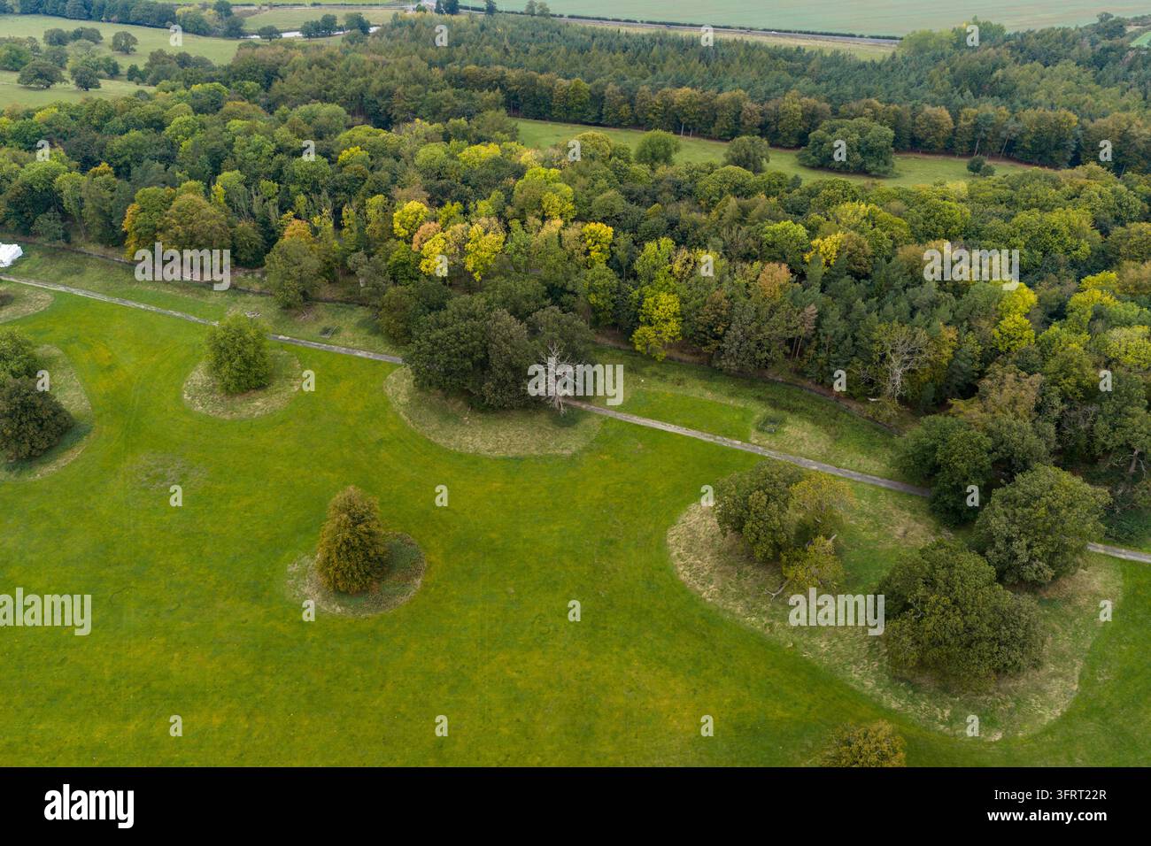 Drohnenaufnahme über die grünen offenen Rasenflächen und das gemischte Waldland des Harewood-Parklands, wo isolierte alte Bäume innerhalb kreisförmiger Flecken von langem stehen Stockfoto