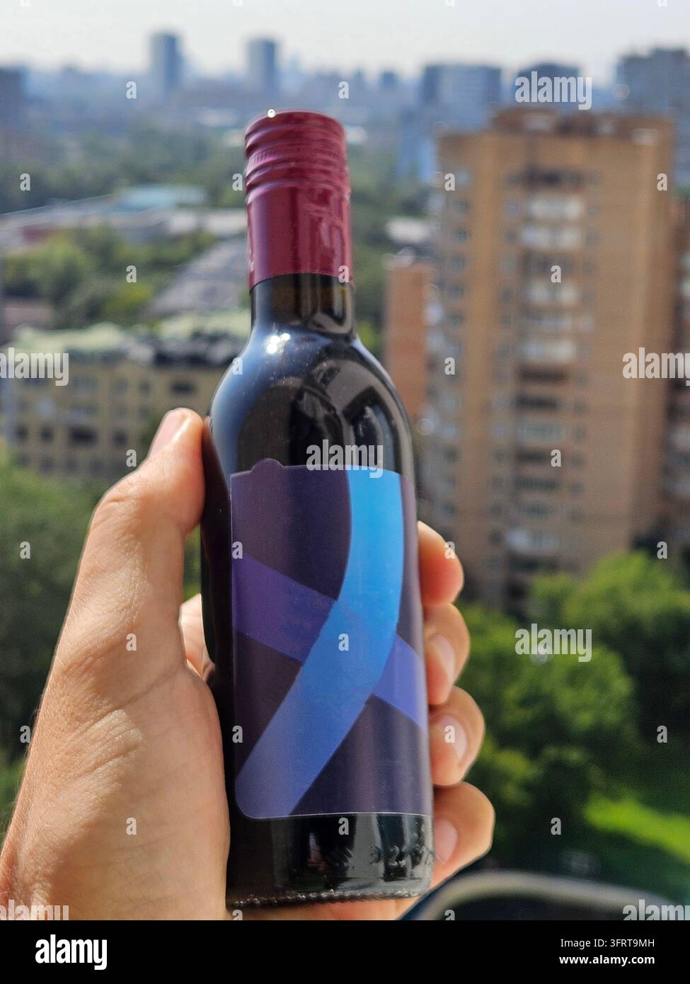 Eine Flasche Wein wird vor einer Stadtsilhouette hochgehalten. Die Flasche ist lila und hat ein blau-weißes Etikett. Die Flasche wird von einer Hand einer Person gehalten Stockfoto
