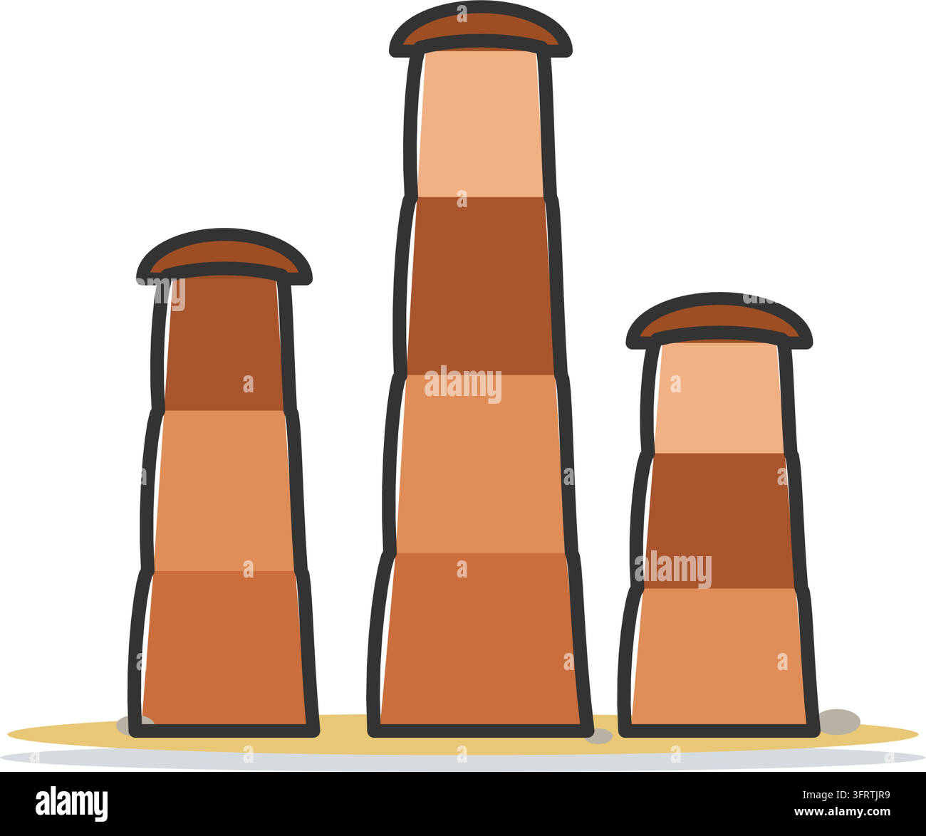 Flache Vektorillustration von drei hohen Hoodoo-Felsnadeln mit geschichteten Bänken und ausgewogenen Kappenfelsen, isoliert auf weißem Hintergrund. Stock Vektor