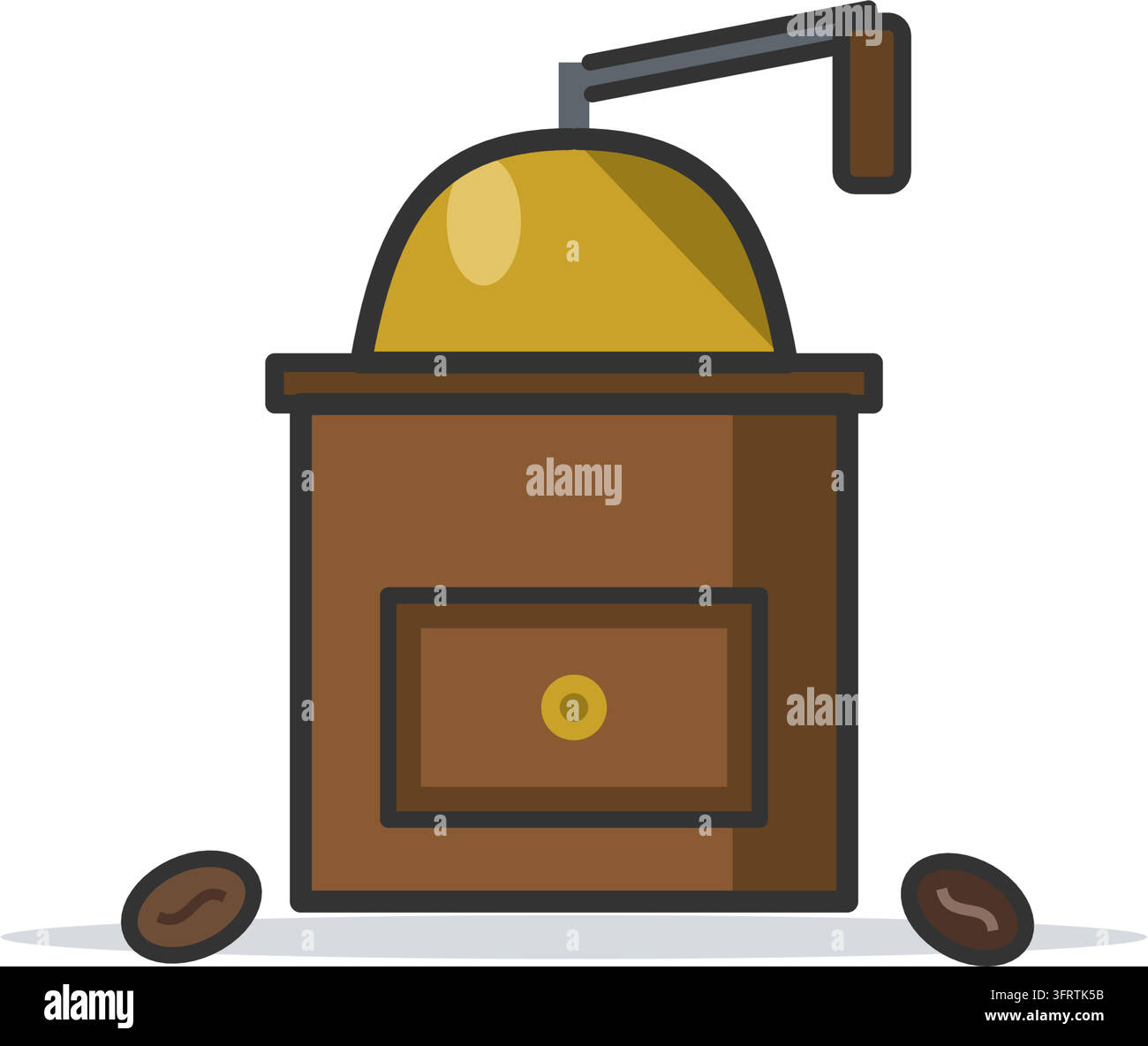 Flache Vektorillustration einer Vintage-Handkaffeemühle mit Messing-Hopper und Stahlkurbel, isoliert auf weißem Hintergrund. Stock Vektor