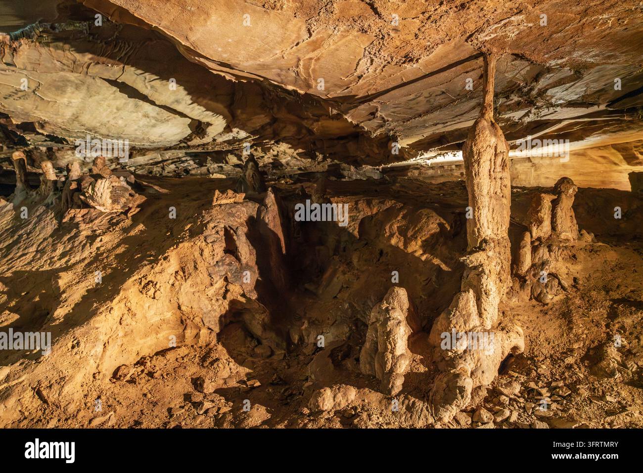 Warme künstliche Beleuchtung offenbart Stalaktiten, Stalagmiten und schroffe Kalksteinformationen entlang eines unterirdischen Gangs in der Cascade-Höhle bei Carter Caves Stockfoto