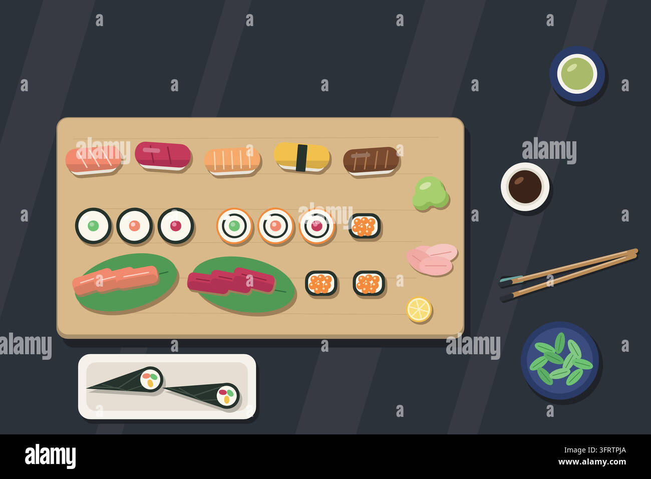 Illustrierte Draufsicht auf ein Sushi-Platte mit Nigiri, Maki, Sashimi und Gunkan-Rogen, sowie ein Teller mit Handrollen, Sojasauce, Tee und Essstäbchen. Stock Vektor