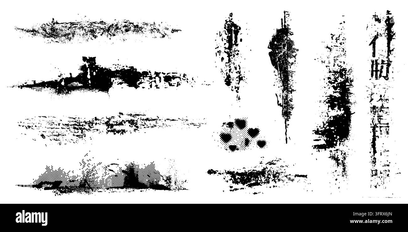 Realistisches Set von kräftigen Pinselstrichen und schwarzen Farbtекстуren auf weißem Hintergrund. Vektorillustration von Designelementen für Grunge-Ränder, zerkratzte Tintentropfen, rauen Halbton und Herzmuster Stock Vektor