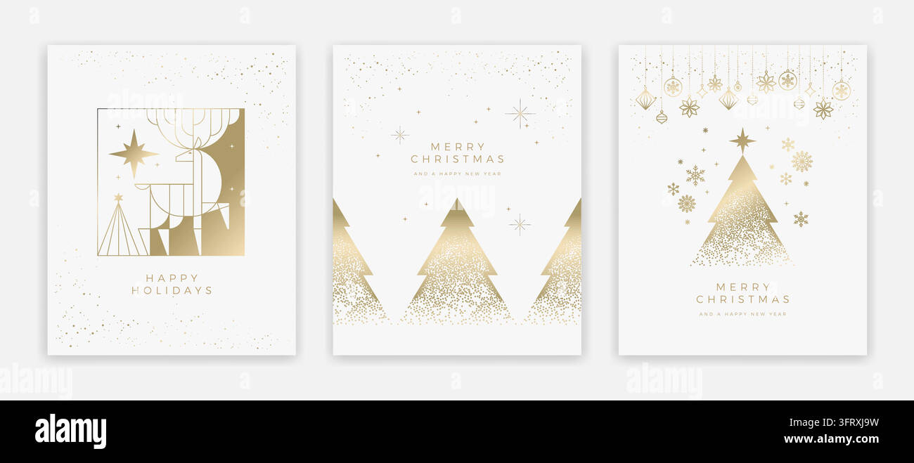 Luxus-Weihnachtskarten-Vorlagen-Set – goldene und weiße fabelhafte Hintergründe mit Weihnachtsbaum, Rentier, Verzierungen, Stern, Winterlandschaft – Vektor-min Stock Vektor