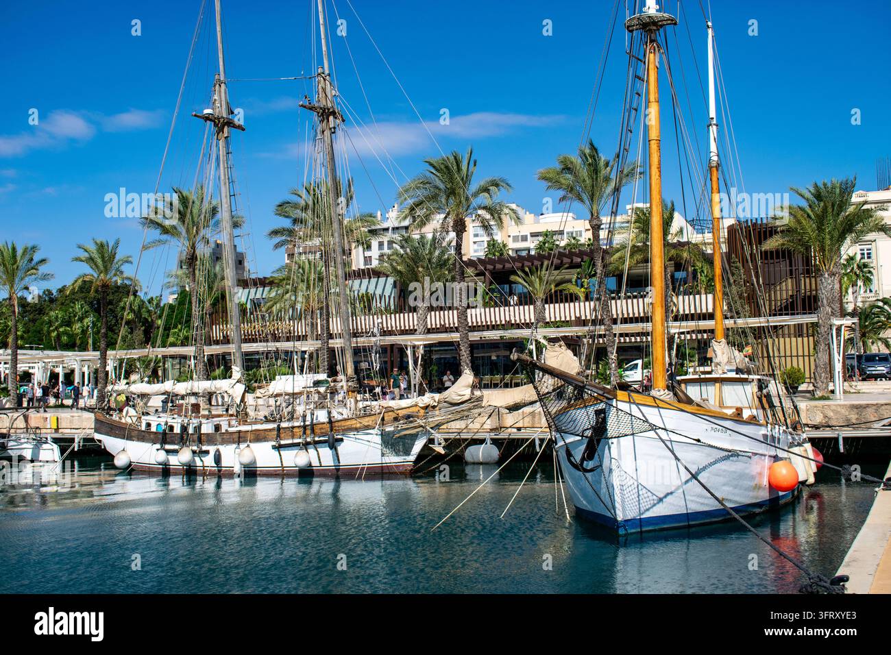 Traditionelle Segelschiffe, die in der Cartagena Marina, Murcia, Spanien, mit Holzmasten, Takelage und Palmen entlang der Uferpromenade festgemacht sind. Stockfoto