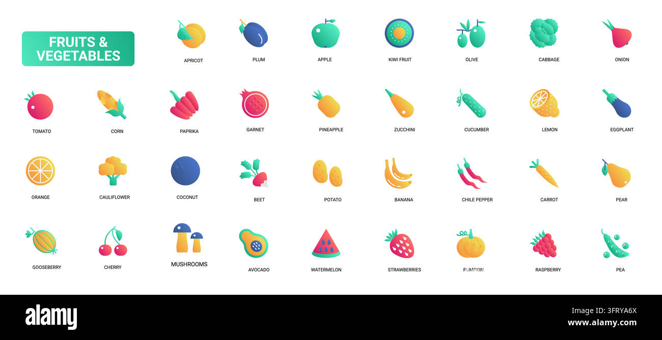 Bunte Obst- und Gemüsesymbole mit frischen Produktsorten für gesunde Lebensmittel, Supermarkt, Ernährung und Bauernmarkt-Themen, Farbverlauf-Flachicon-Set, Vektorillustration Stock Vektor