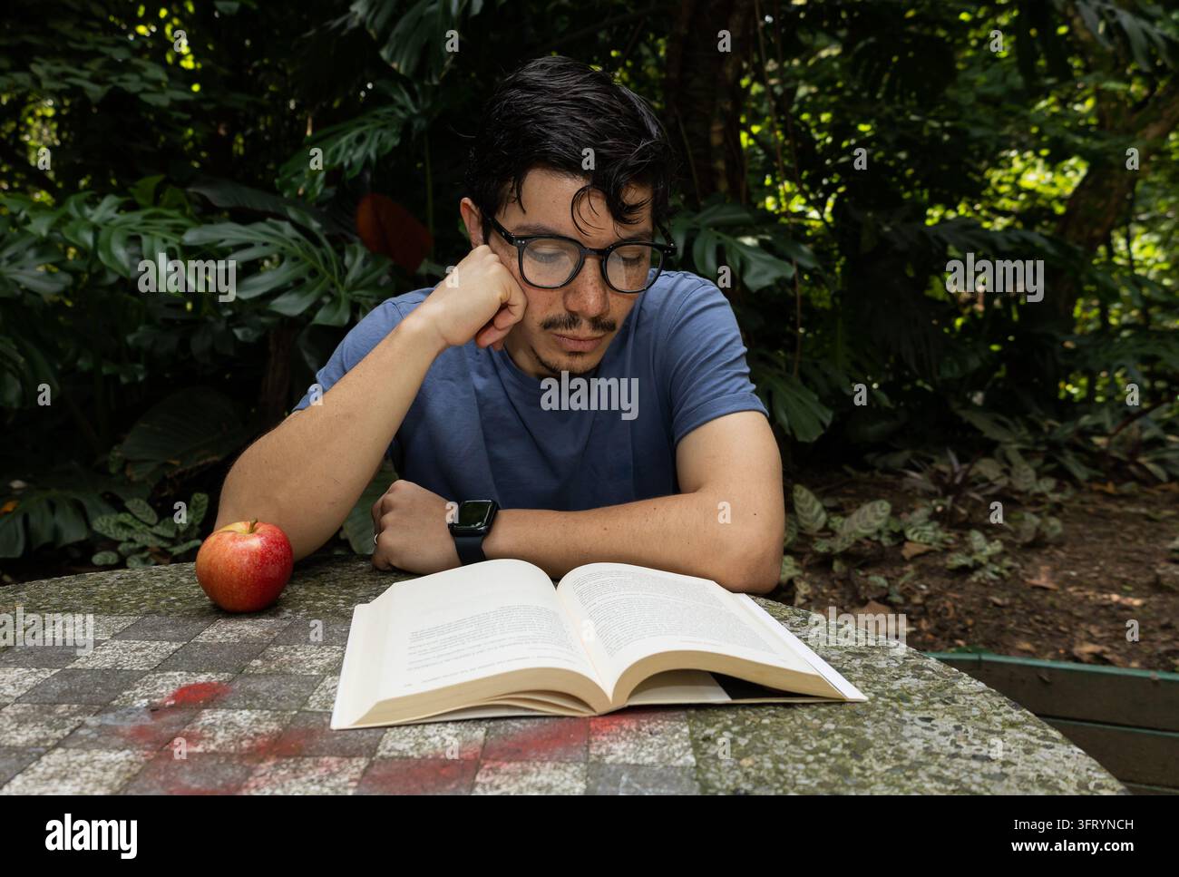 Mann sitzt in einem Park, trägt eine Brille und liest aufmerksam ein Buch, umgeben von Natur in einer ruhigen und entspannenden Außenumgebung Stockfoto