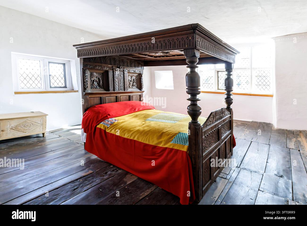 Vierpfostenbett, Plas Mawr, Conwy, Wales, UK Stockfoto