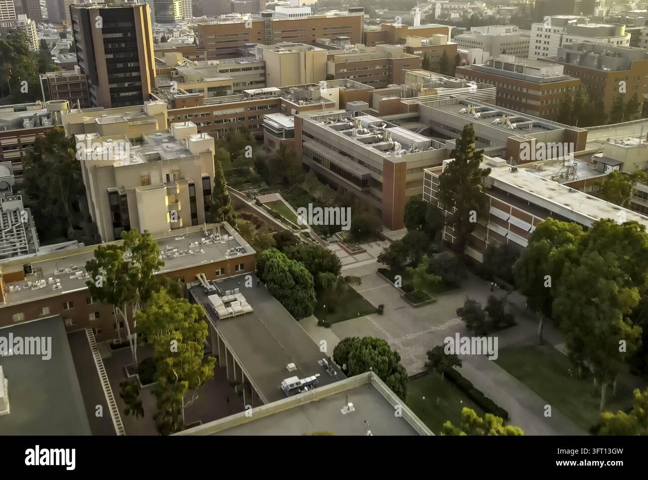 Luftbild des UCLA-Campus mit Backsteingebäuden, Innenhöfen und üppigen Bäumen in Westwood, Kalifornien, Vereinigte Staaten. Stockfoto